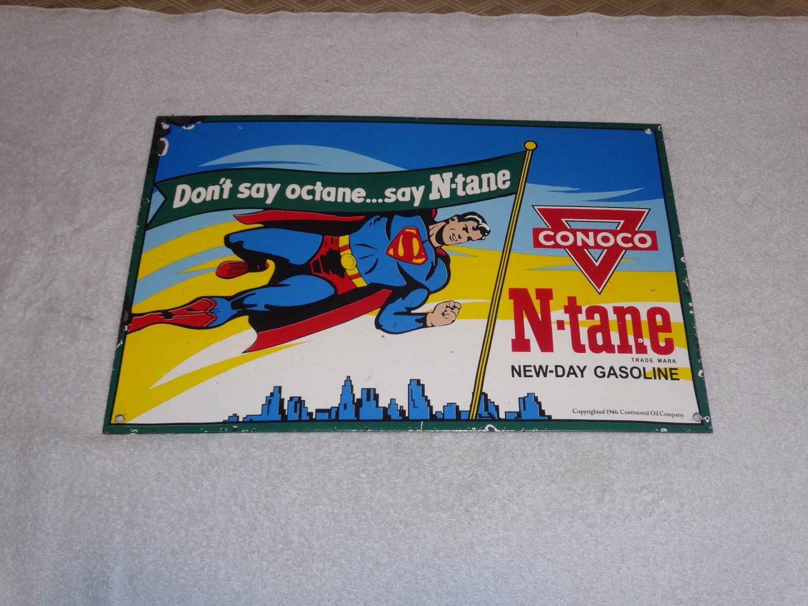 VINTAGE 1946 CONOCO N-TANE SUPERMAN GASOLINE 16" PORCELAIN METAL COMIC BOOK SIGN