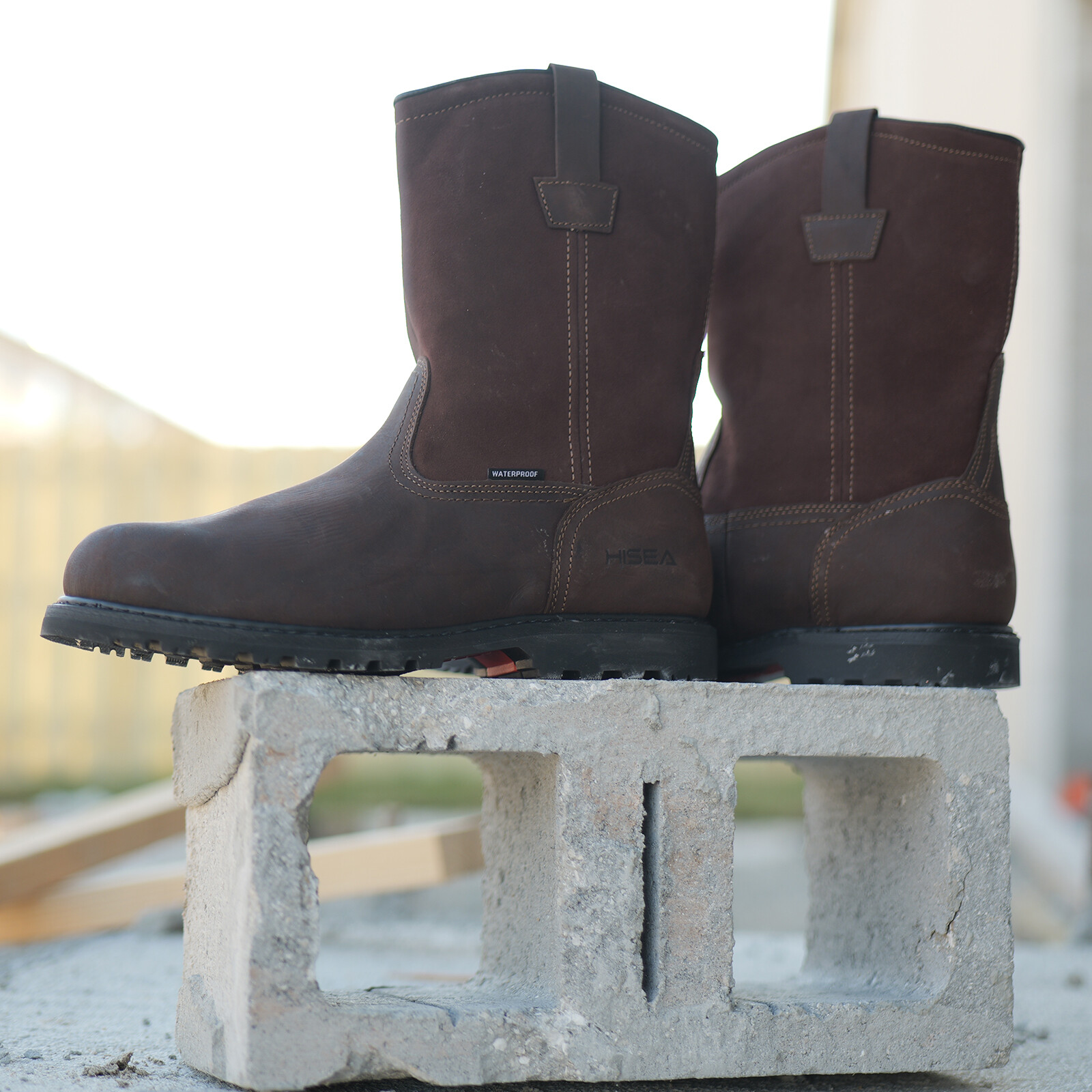 HISEA Men Steel Toe Safety Work Boots Pull On Waterproof Leather Wellington Boot