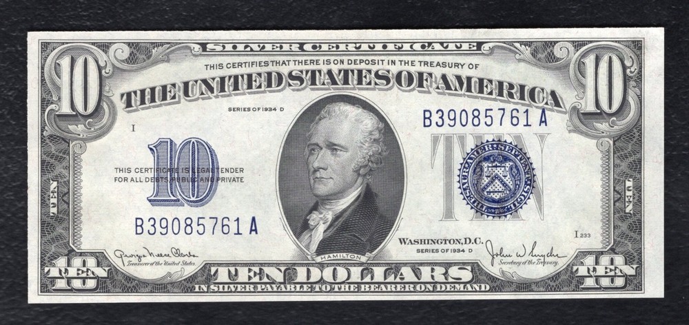 FR. 1705 1934-D $10 TEN DOLLARS SILVER CERTIFICATE CURRENCY NOTE UNCIRCULATED