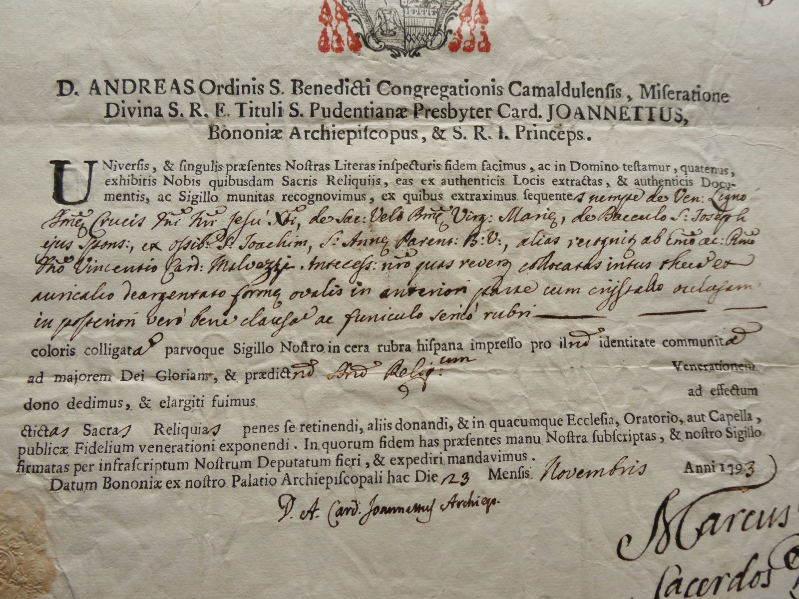 CERTIFICATE FOR RELIQUARY OF 5 RELIC TRUE CROSS JESUS + VEIL B.MARY **SEE LIST