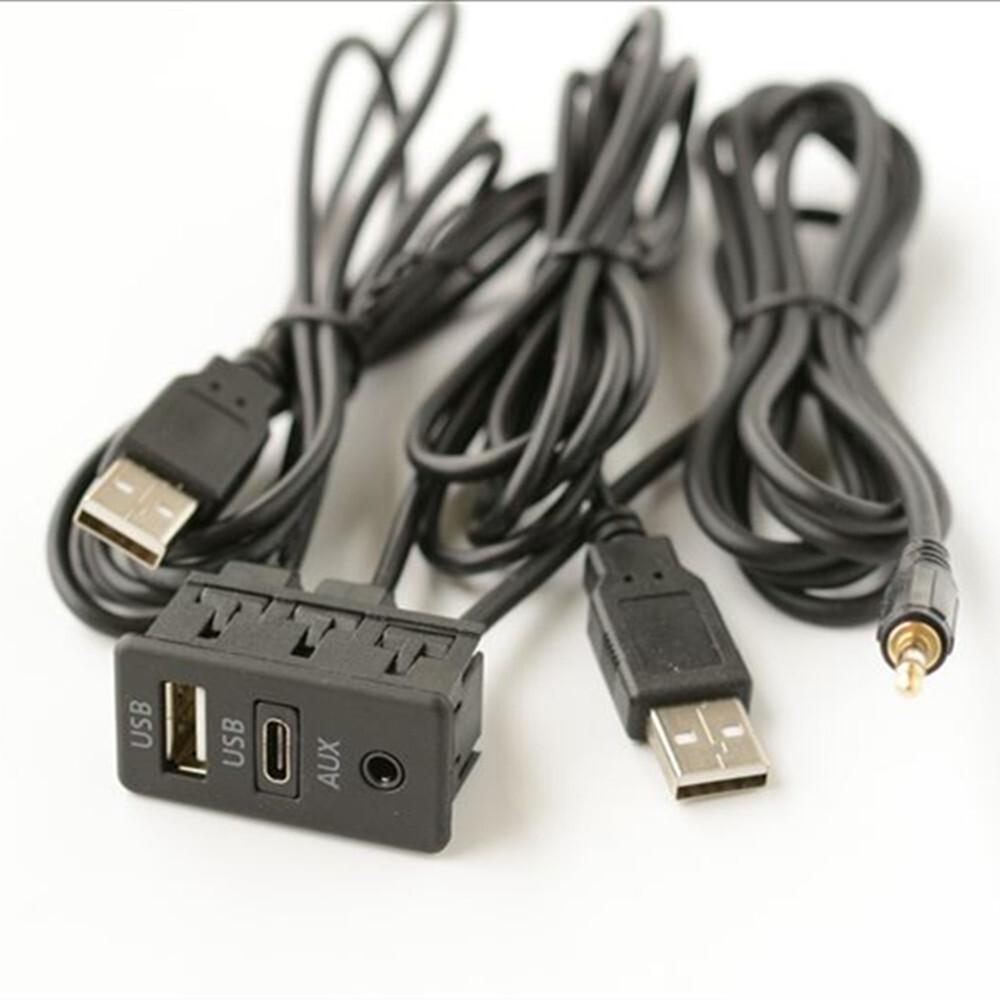 Car Dash Flush Panel Mount Dual USB Extension Cable Adapter Type C AUX Extender
