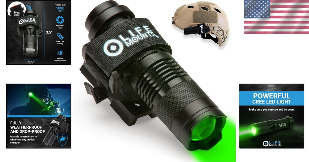 Tactical Helmet Flashlight Mount, Green LED