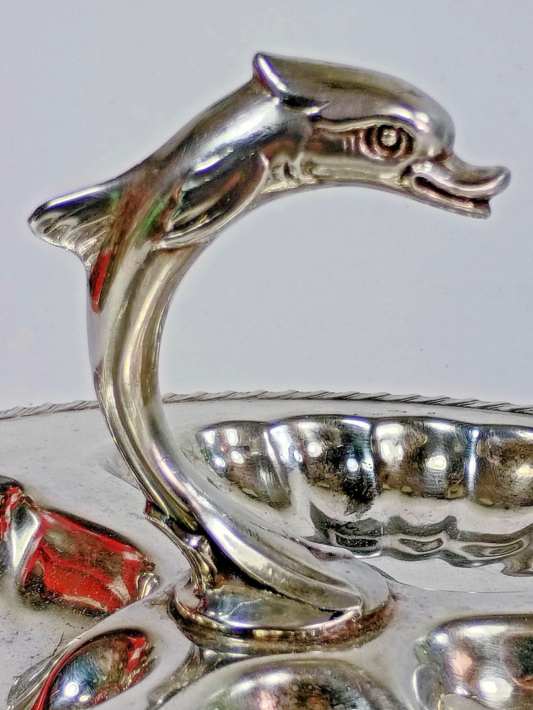 Vintage Canterbury Silverplate Tray Dolphin Motif Handle Three Sections 8 3/4"