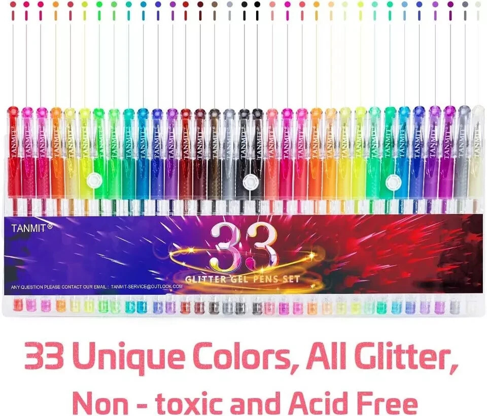 TANMIT Glitter Gel Pens, 33 Colors Neon Glitter Pens Set Gel Art Markers with 40