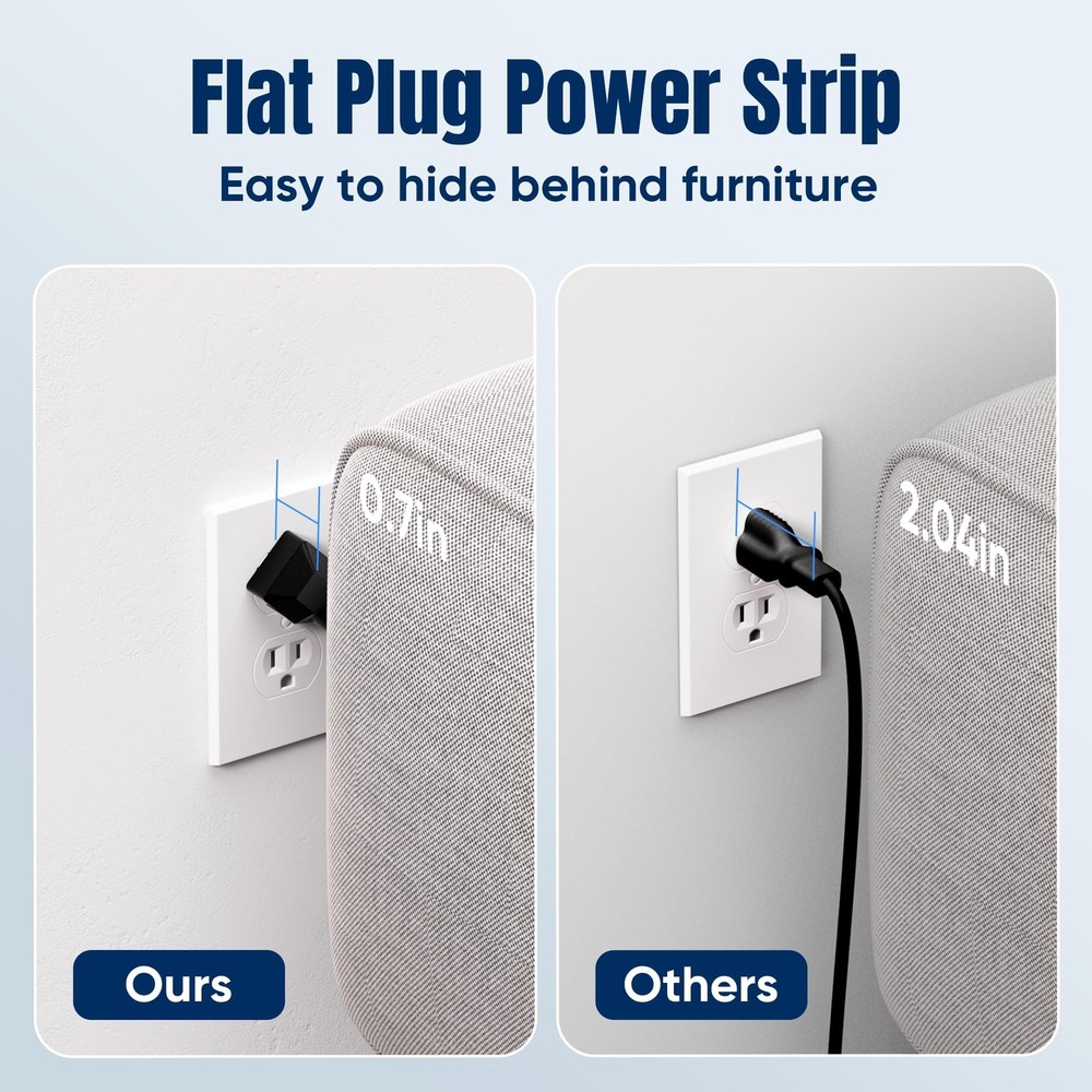 6 FT Flat Plug Surge Protector Power Strip,11 Multiple AC Outlets with 6 USB ...