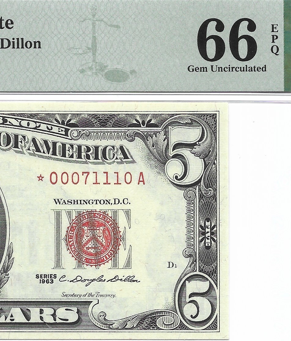 1963 $5 * STAR * ⭐️ Legal Tender, US Note. PMG GEM Uncirculated 66 EPQ Banknote.