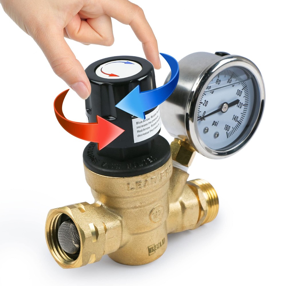 U.S. Solid RV Water Regulator Valve 3/4 in Brass Adjusted by Hand