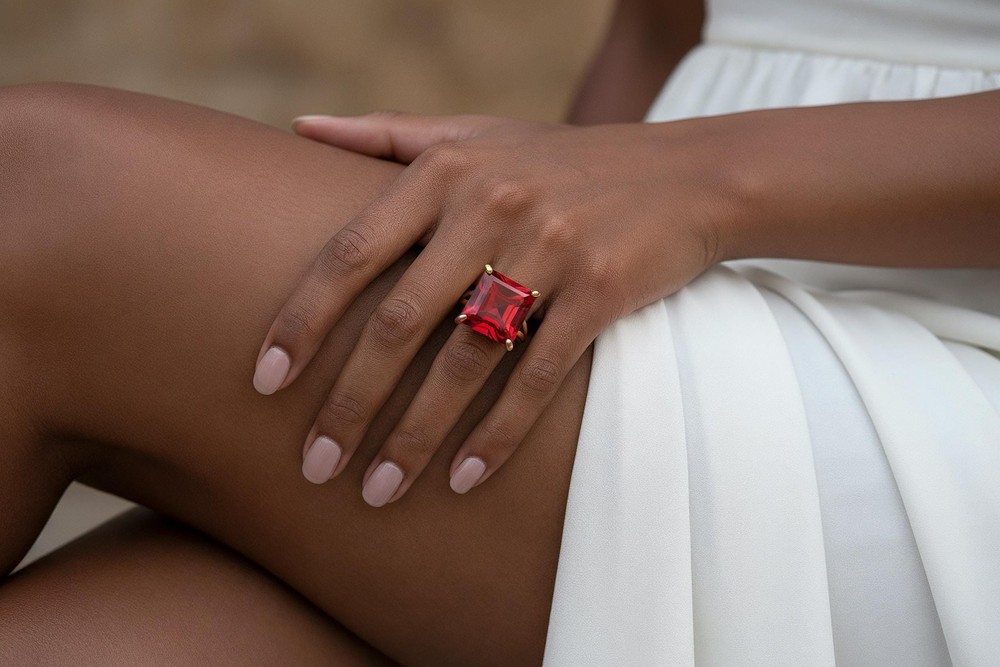 Sterling Silver Ruby Ring Anemone Handmade Square Cut July Birthstone