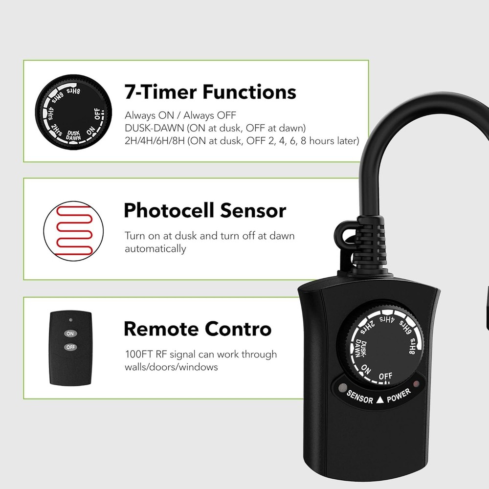 HBN Outdoor Light Timer with Remote Control, Waterproof Light Sensor Timer