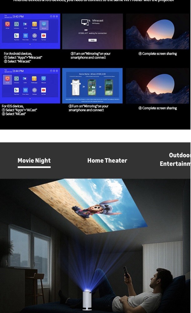 Native 1080p mini Projector Auto Keystone Correction 130” screen