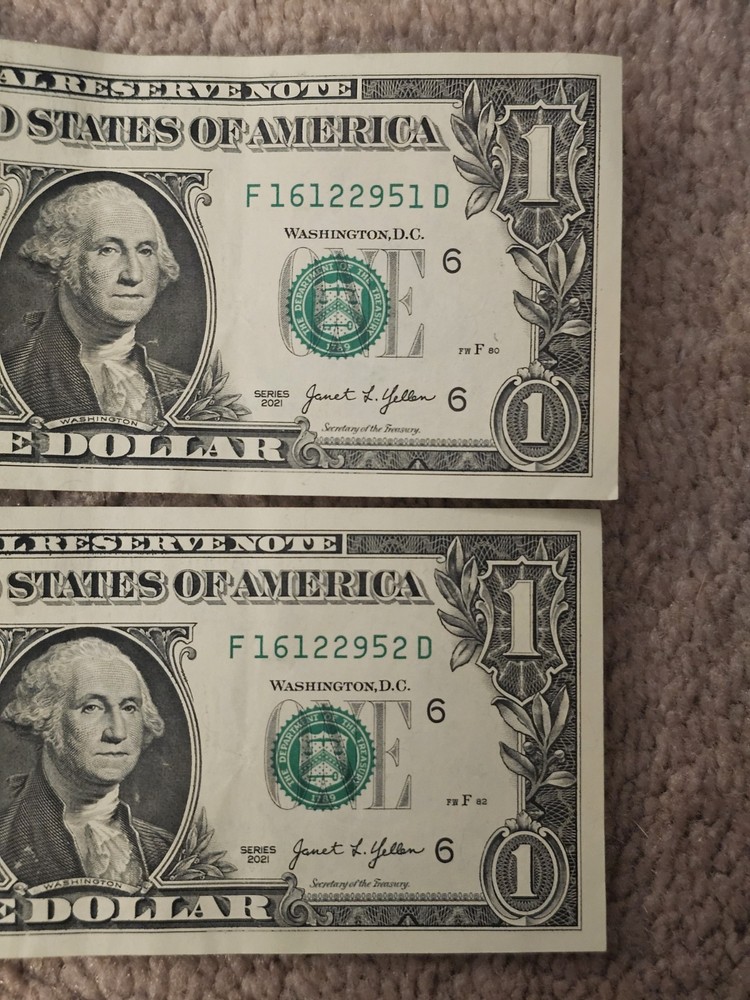 2021 $1 Dollar Bill Sequential Serial Numbers Seql Misaligned Unique Rare Find