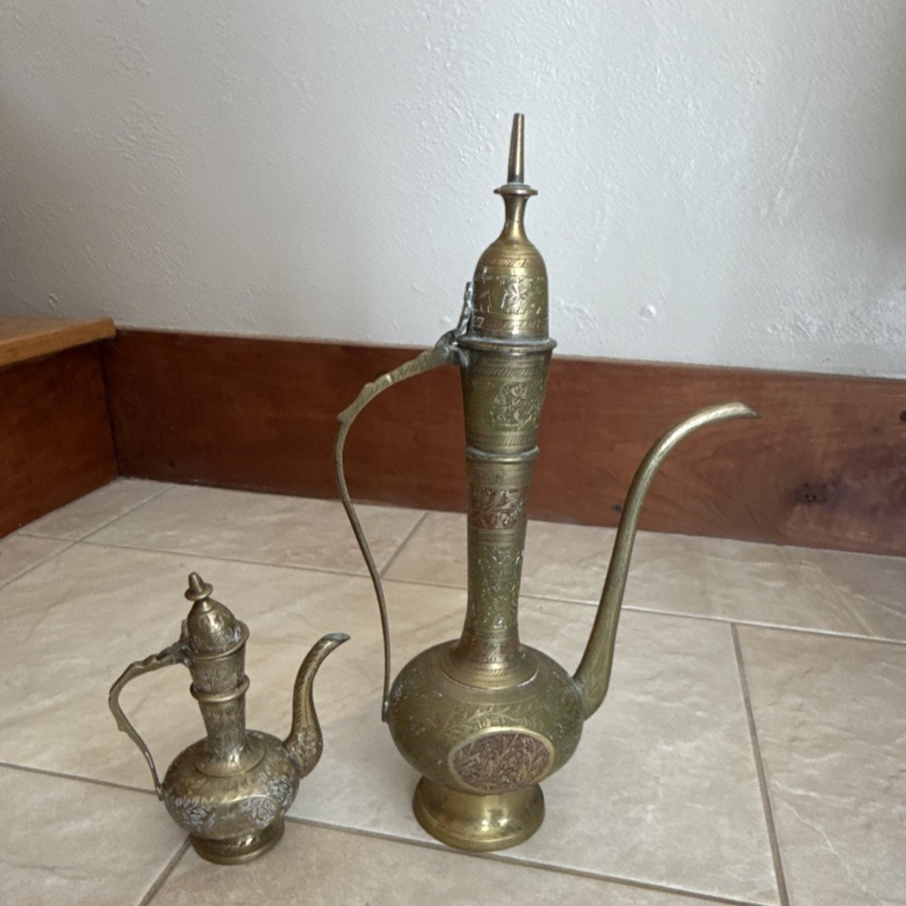 Middle Eastern Brass Dallah Coffee Pots Set Handmade Engraved Traditional Design