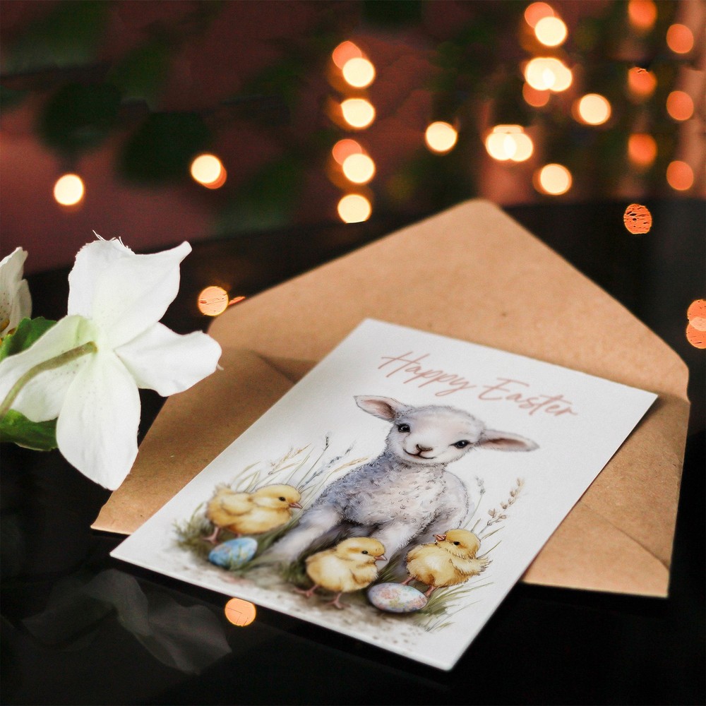 Happy Easter Greeting Card – Lamb, Chicks, and Eggs, Blank Inside