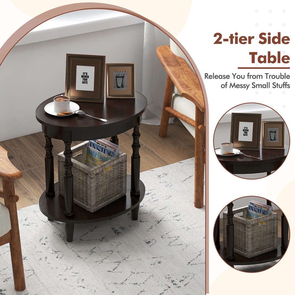 2 PCS 2-Tier End Table Oval Compact Sofa Side Nightstand w/ Storage Shelf