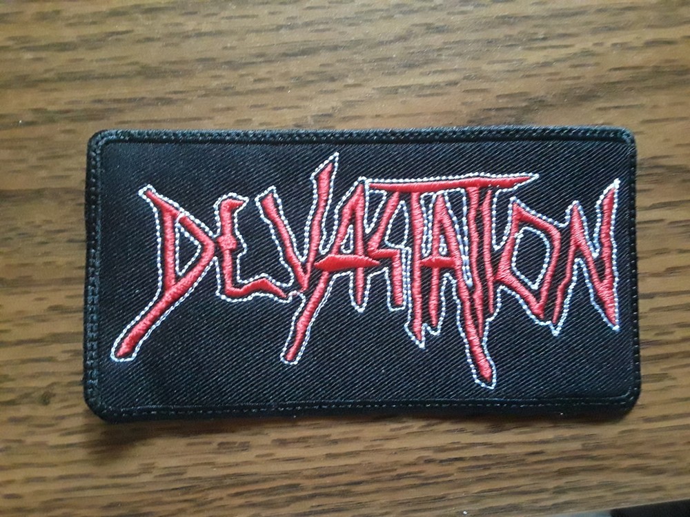 DEVASTATION,SEW ON RED WITH WHITE EMBROIDERED PATCH