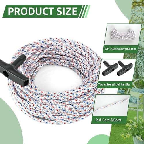 Pull Start Recoil Starter 50 Ft Rope w/ 2 Universal Handles for Chainsaws Mower
