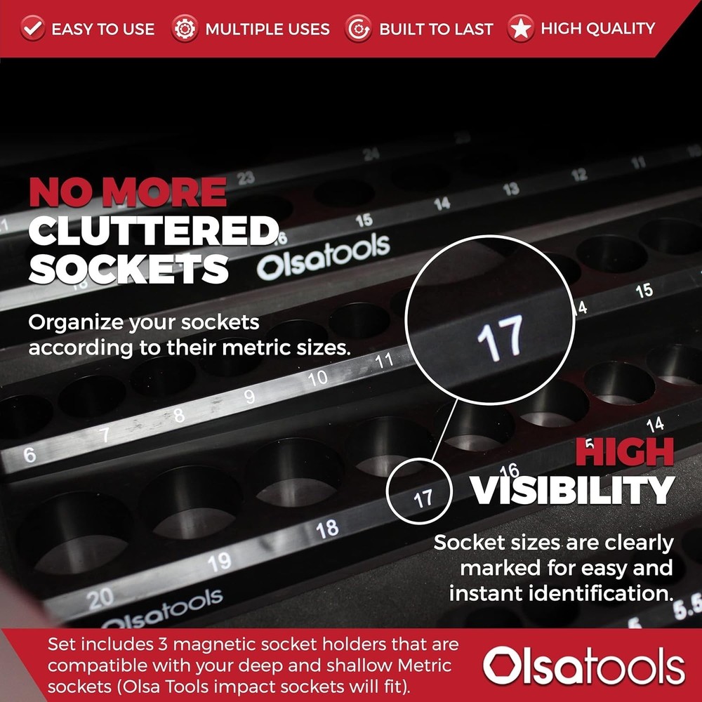 Magnetic Socket Organizer - 3-Piece Drive Metric Socket Holder Set with Stron...