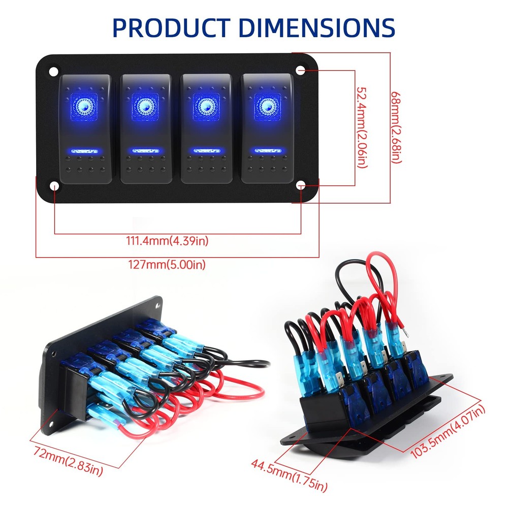 Rocker Switch Panel 4 Gang Aluminum Waterproof 12V/24V Toggle Switch Panel, O...