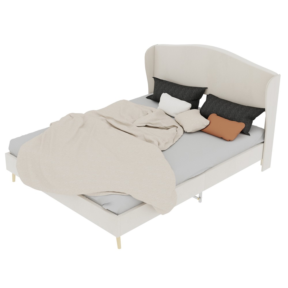 Platform Queen Bed Frame with Velvet Tufted Headboard, Supportive, Beige