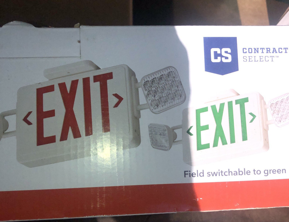 LITHONIA LED EXIT & EMERGENCY LIGHT SIGN COMBO ADJUSTABLE OPTICS RED/GREEN NEW