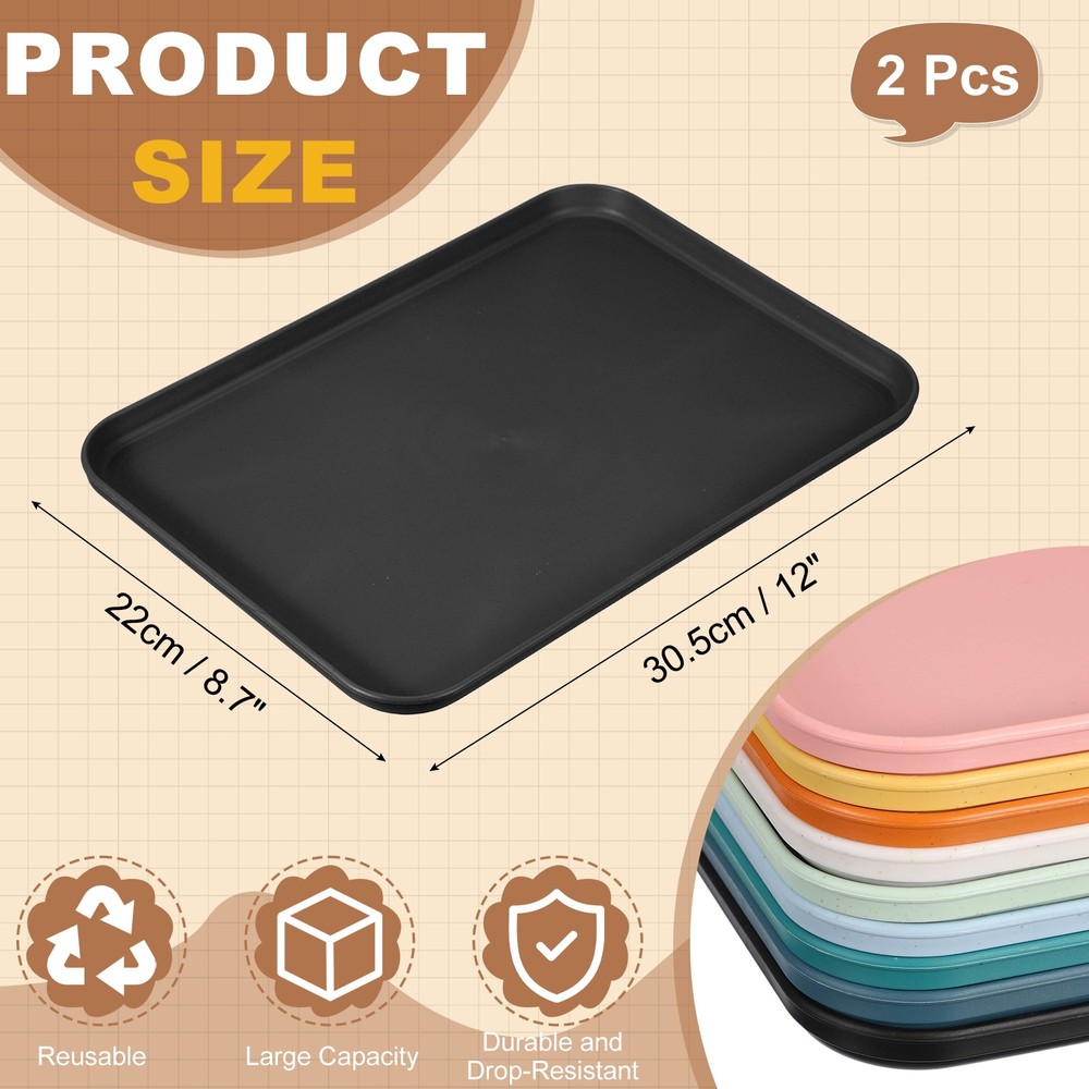 2Pcs Fast Food Serving Trays, 12x8.7" Rectangular Trays, Black