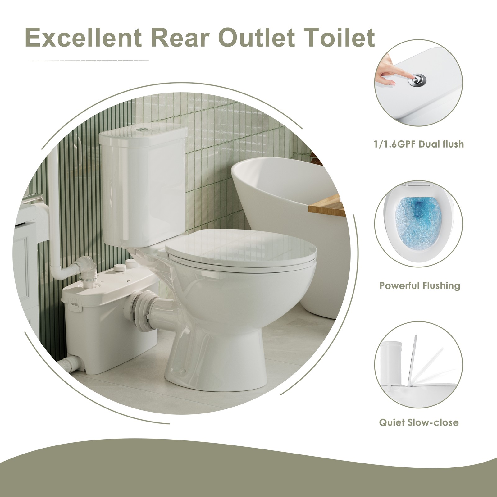 500W Macerating Toilet With 4 Water Inlet Two-piece Upflush Toilet for Basement