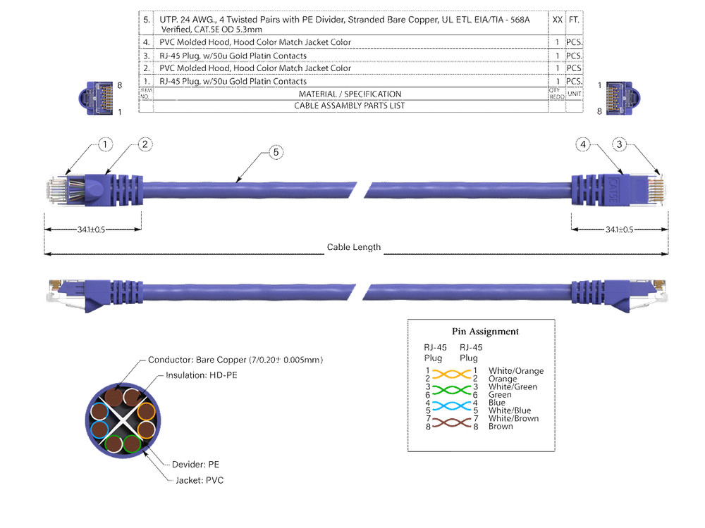 2ft Cat5e UTP Ethernet Network Patch Cable Snagless 24AWG Bare Copper, Purple