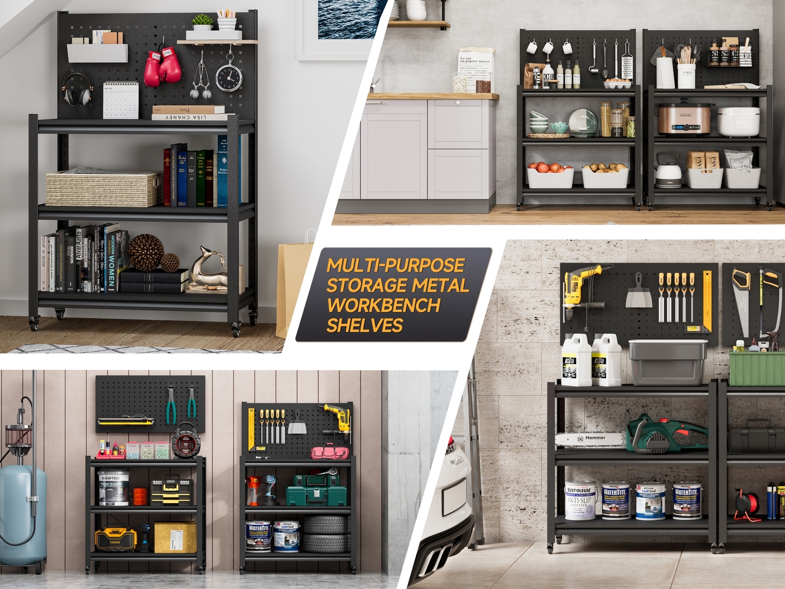 Tool Storage Workbench Rolling Shelving Steel Tool Rack Garage Shelves/ Pegboard