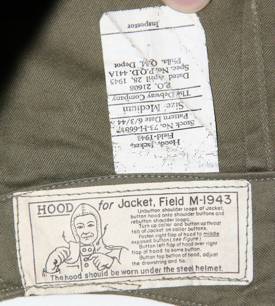 ORIGINAL WWII M-1943 COMBAT FIELD JACKET HOOD, SIZE MEDIUM, 1945 DATED