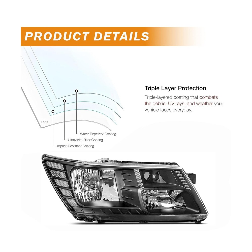 Headlights Assembly compatible with 2009-2020 Dodge Journey Halogen Headlamp ...