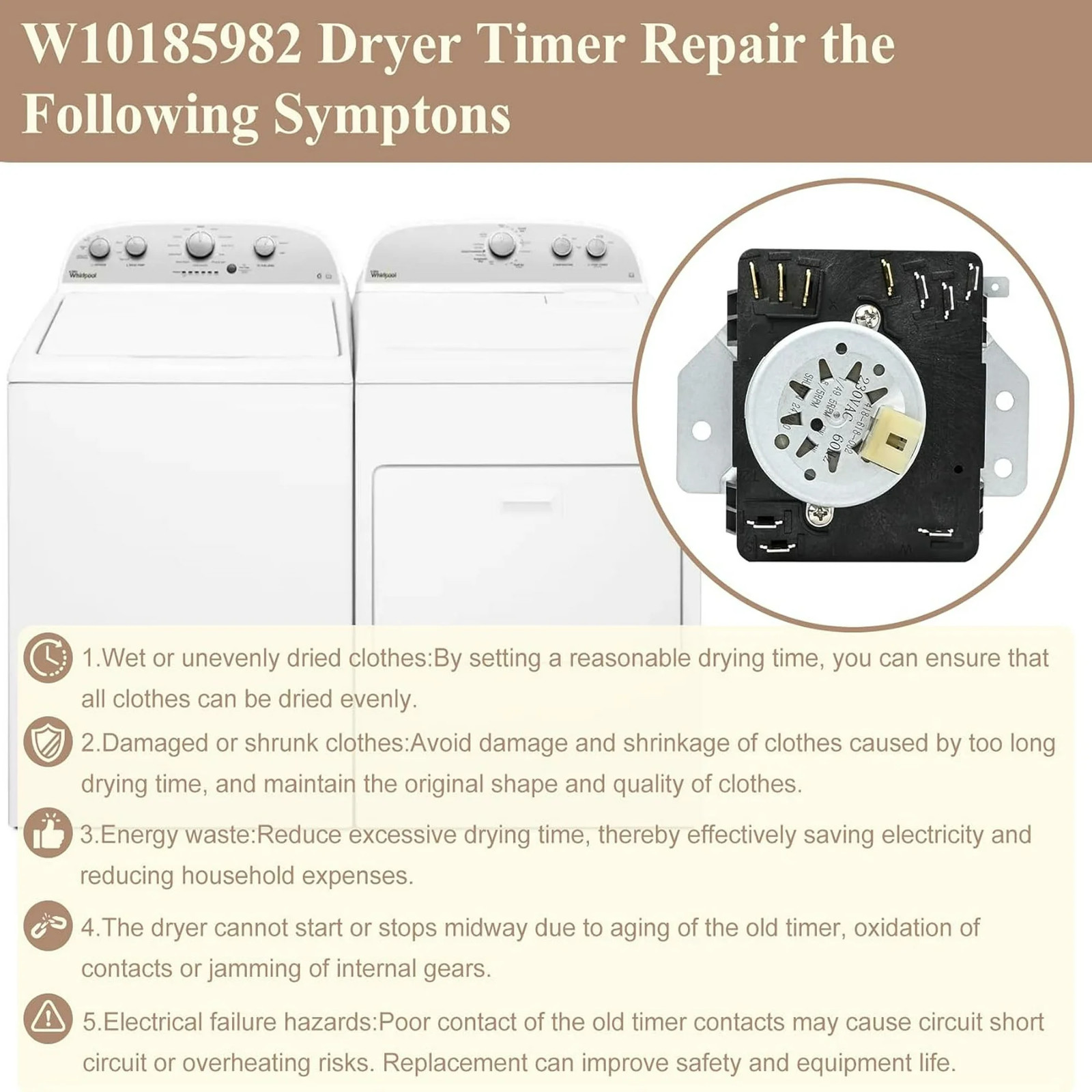 W10185982 WPW10185982 Dryer Timer for Whirlpool, Maytag WGD4800XQ0 WED4815EW1 US