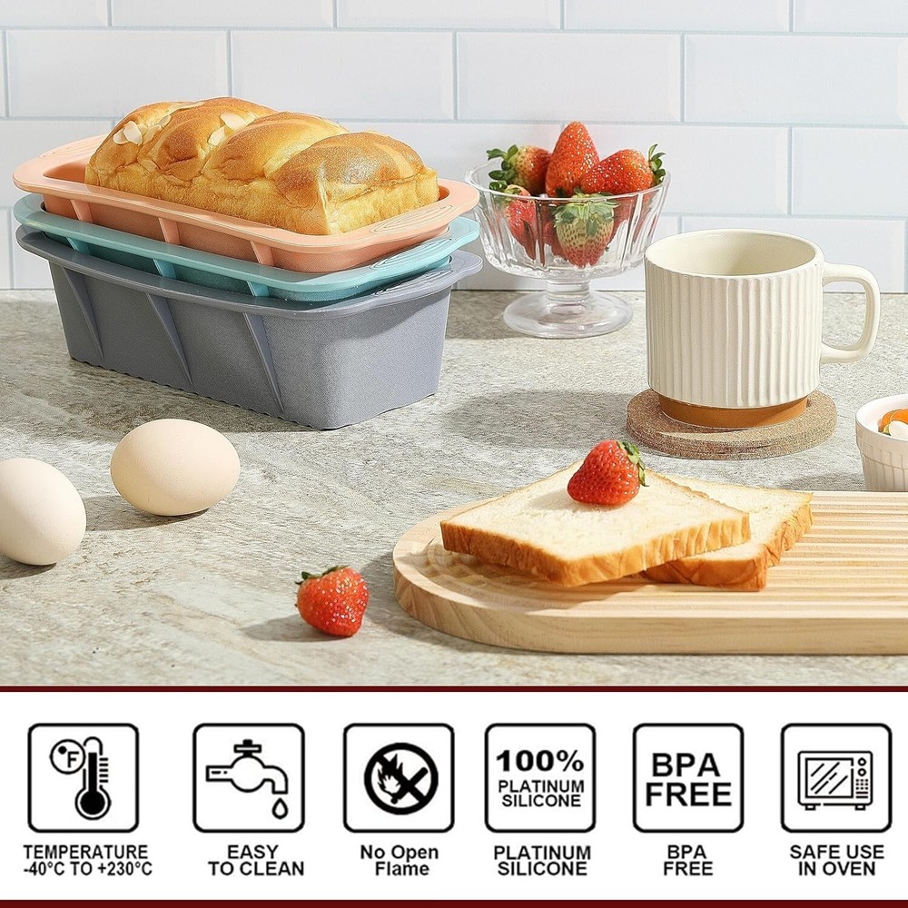 3PCS Silicone Bread Loaf Pan: Non-Stick, Easy Release, Dishwasher Safe