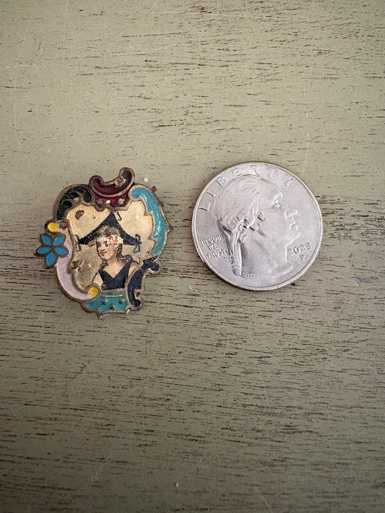 Antique 1800s Brass Champleve Enamel Portrait BUTTON