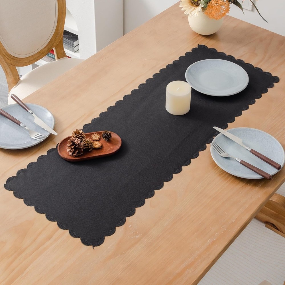 Small Solid Black Farmhouse Scalloped Table Runner Washable Polyester 13x36 Inc