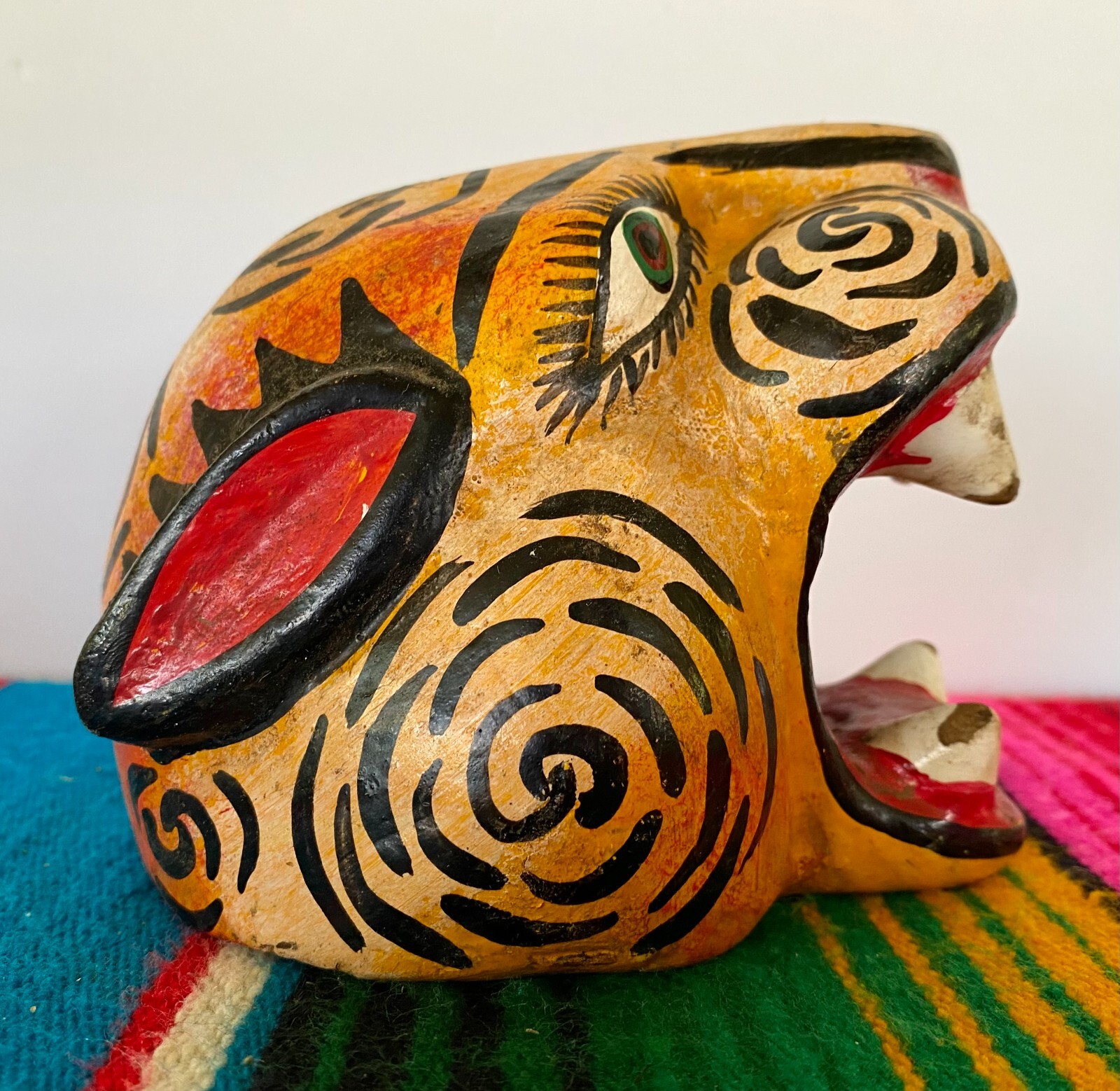 Mexican Folk Art Carved Wood Jaguar Leopard Cat Head Lion Face Mask Guerrero 5"