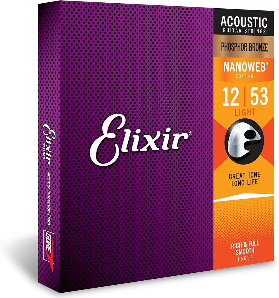 Elixir 16052 Phosphor Bronze Acoustic Guitar Strings with NANOWEB Coating, 12-53
