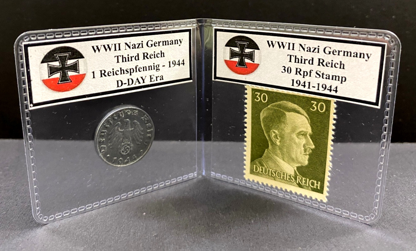 WWII Germany 1 Reichspfennig Coin & 30 Reichspfennig Stamp Set D-Day Era-1944