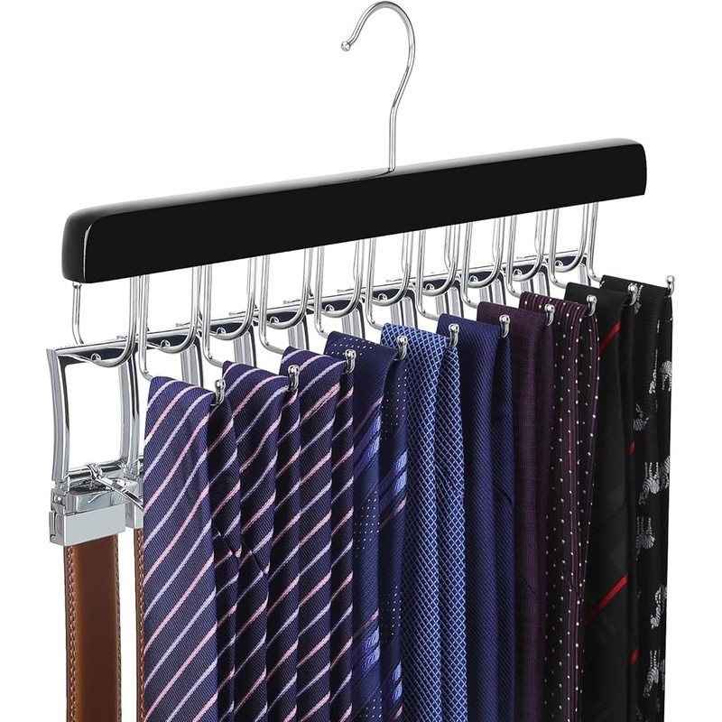Belt & Tie Organizer Wood Multi Functional Hanger Storage Rack Foldable Hooks US