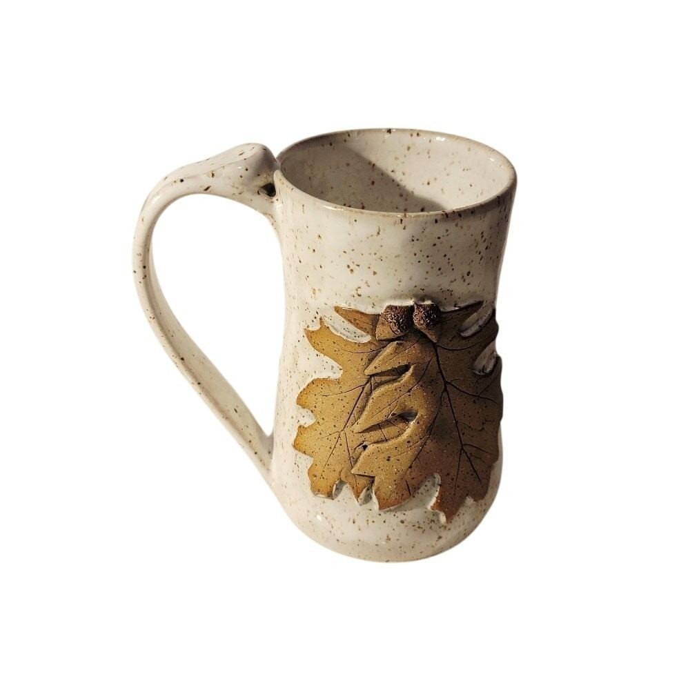 Studio Pottery Leaf Mug & Bud Vase Signed PRP Beige Speckle