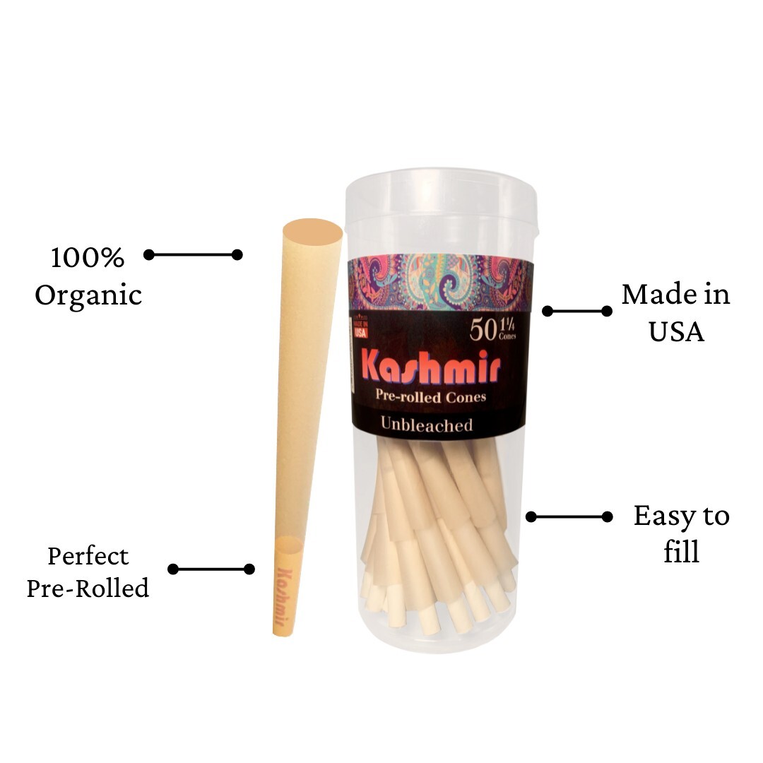 Kashmir Cones Classic 1-1/4 Size | 50 Pack | Natural Pre Rolled Rolling Papers