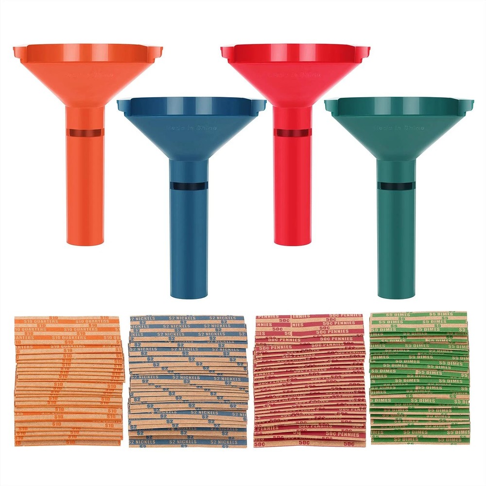 Coin Wrappers Assorted 100 Pcs & 4 Coin Sorters Tubes Coin Rolls