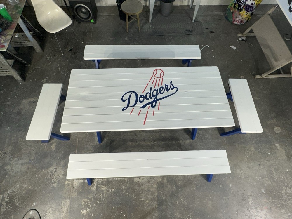 Los Angles Dodgers Classic White And Blue Picnic Table With Four Benches