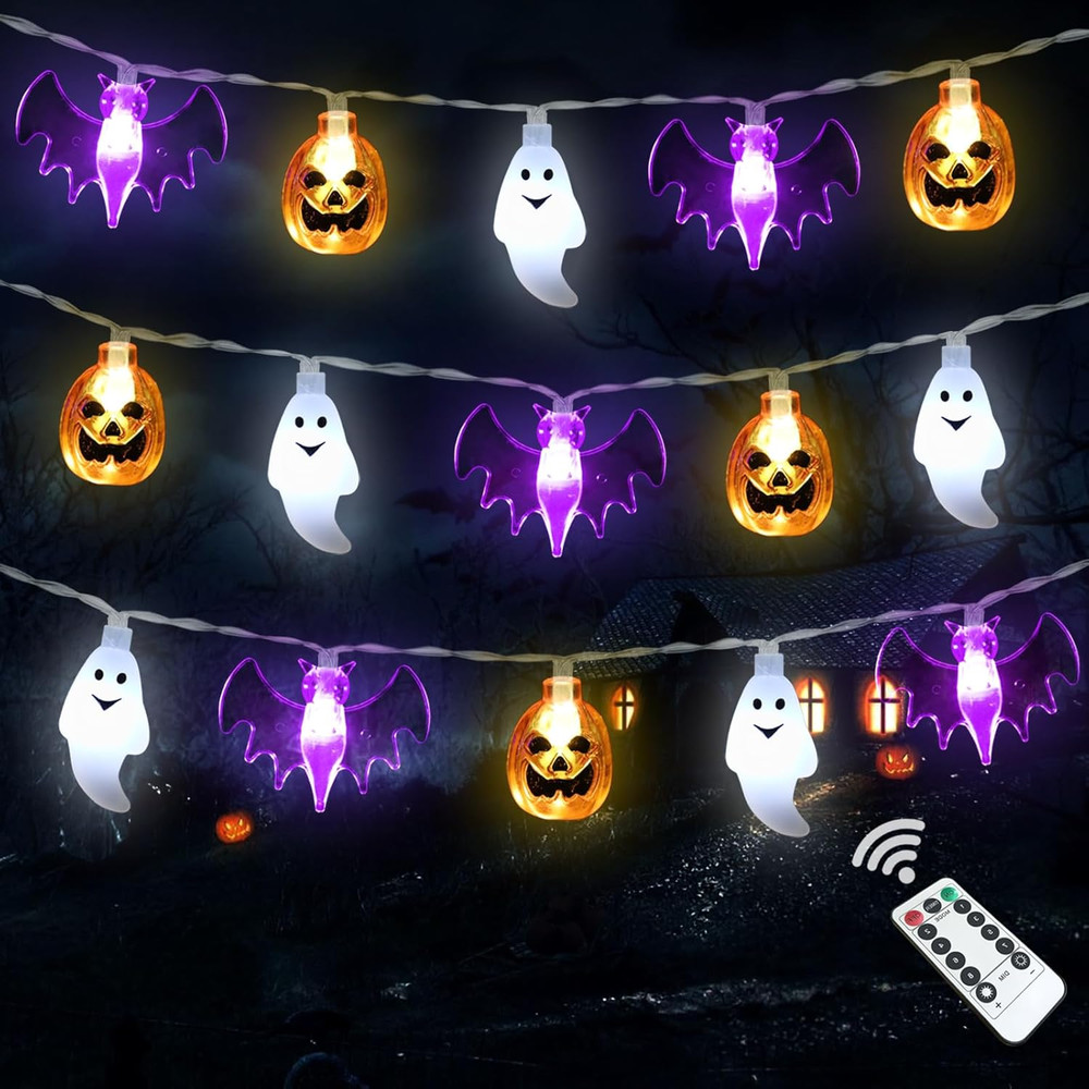 Halloween 16FT 30 LED Pumpkin Bat Ghost String Lights, 8 Modes, Timer