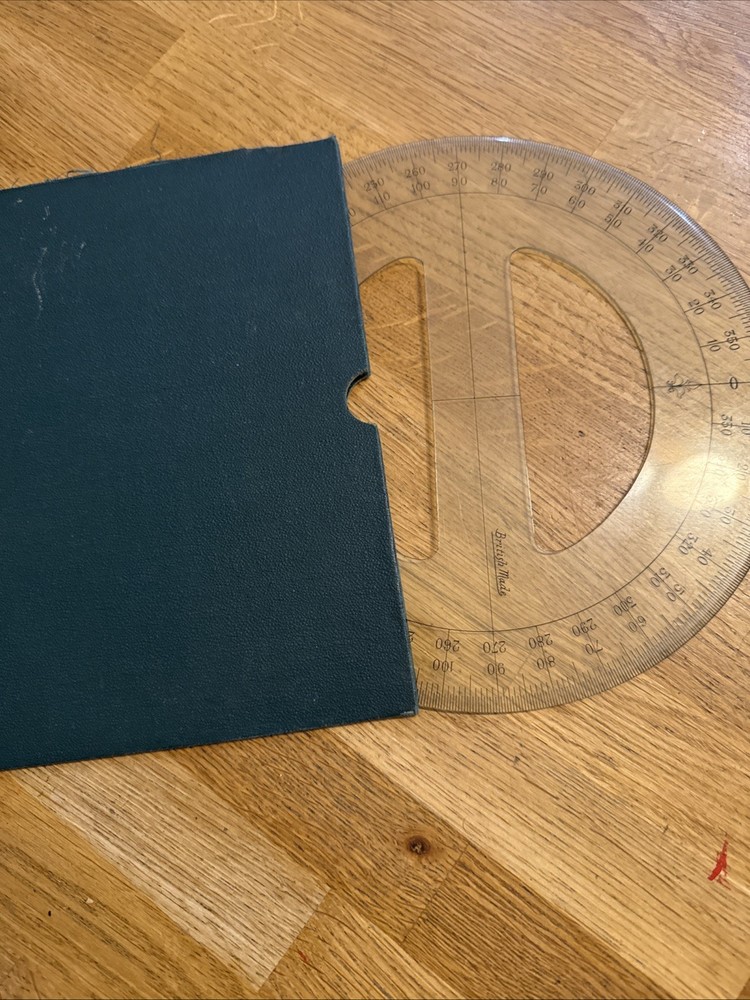 Vintage Plastic 9” Protractor British Made 360 Degrees With Protective Sleeve