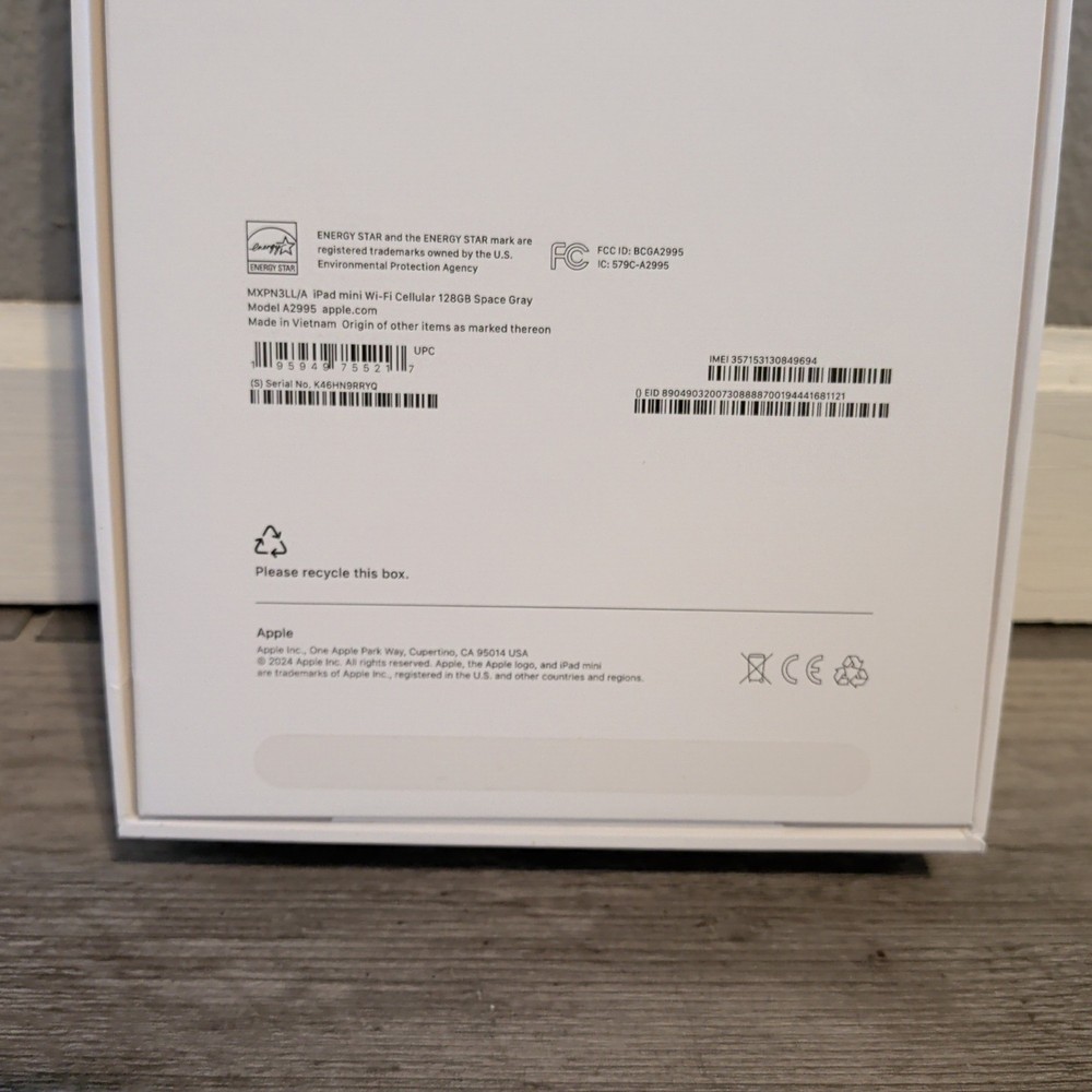 Apple iPad Mini A2993 (A17 Pro) EMPTY BOX ONLY 128 GB Space Gray With Inserts