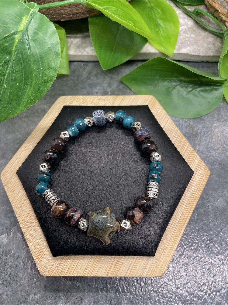 Handmade Ceramic Bead Beaded Stackable 6.25” Plus Stretch Bracelet New B343