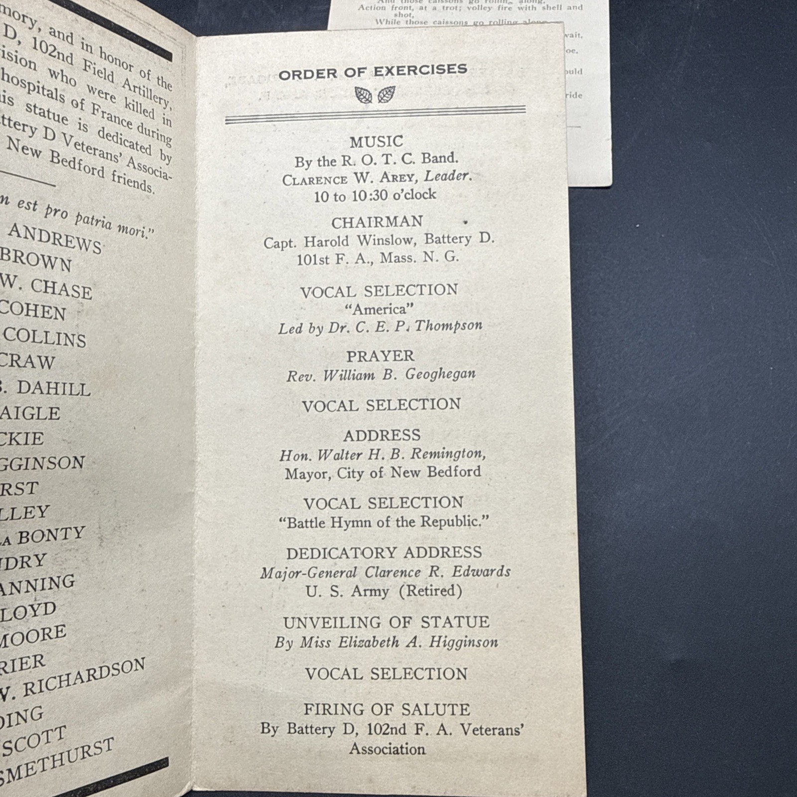 WWI 1924 Dedication Exercises Battery D Memorial 102nd Field Artillery 26th Div