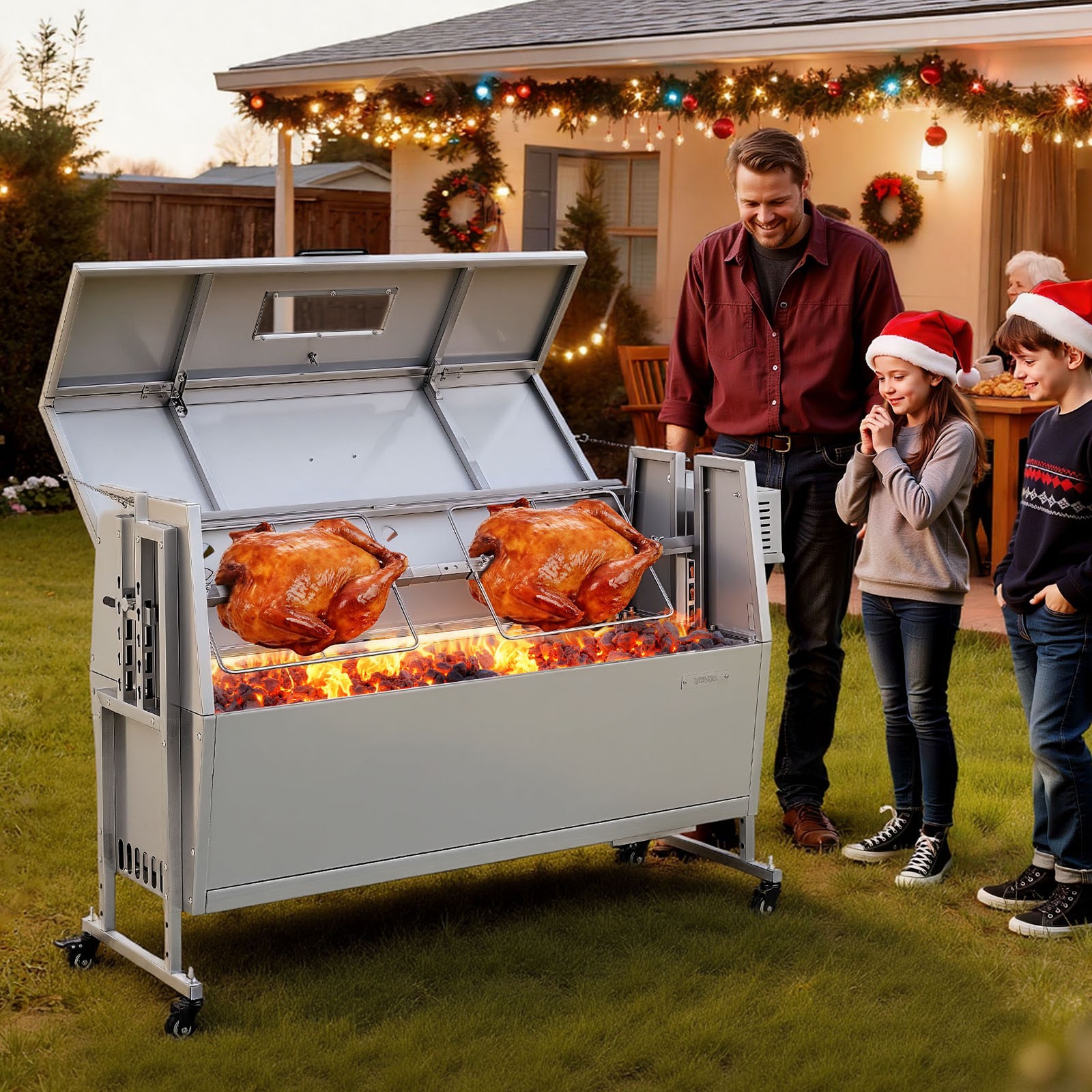 57" Rotisserie BBQ Grill BBQ Outdoor Pig & Lamb Spit Roaster w/ Wheels 38W