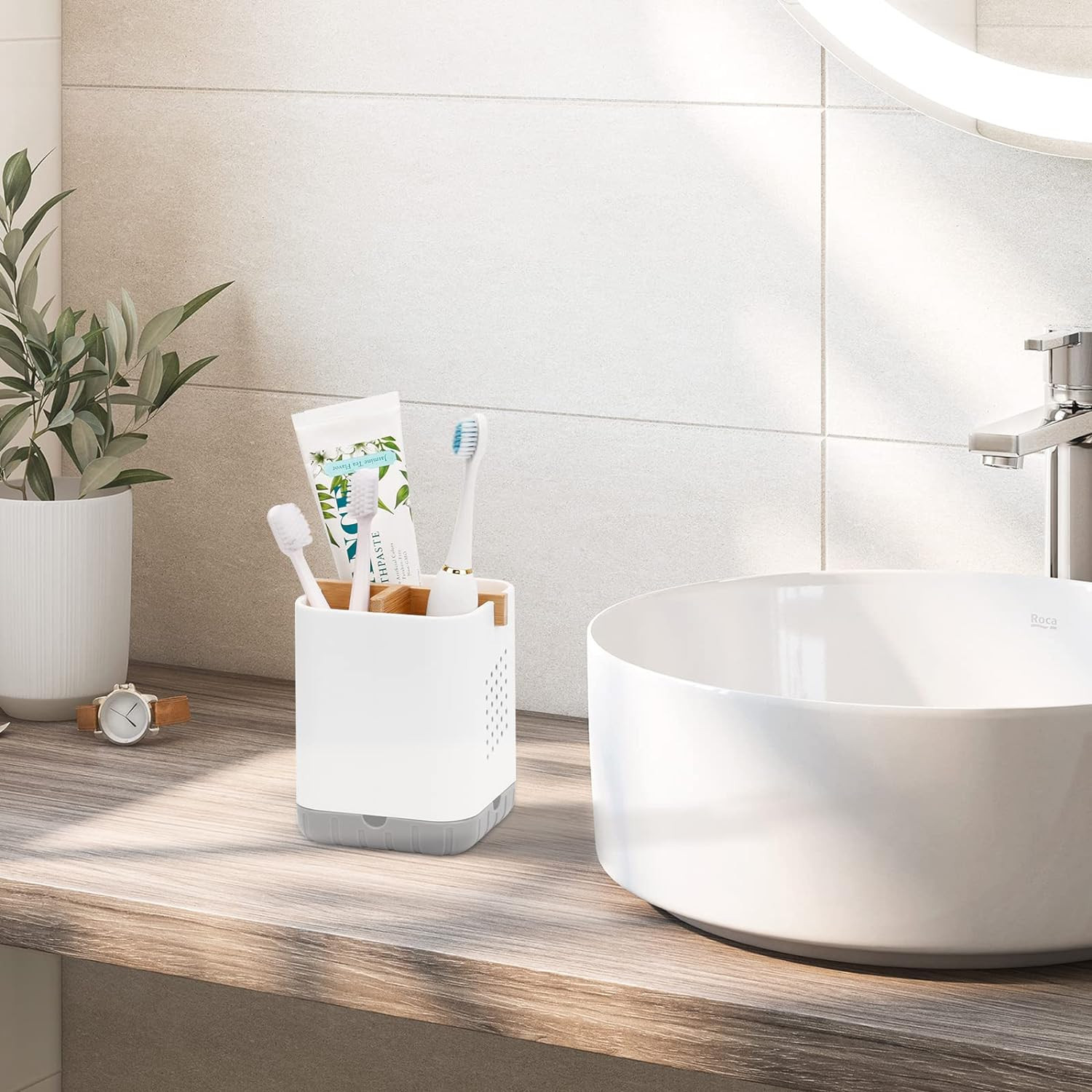 Toothbrush Toothpaste Holder Bathroom Countertop Organizer with Bamboo Divider