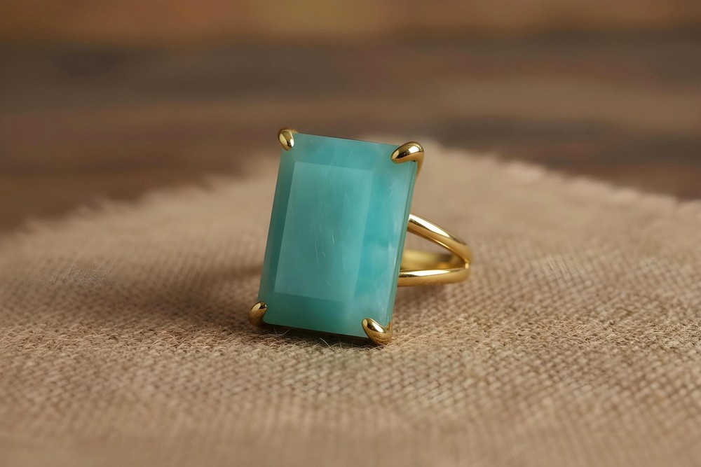 Amazonite Ring 14k Gold Rectangle Cut Sky Blue Semiprecious Statement